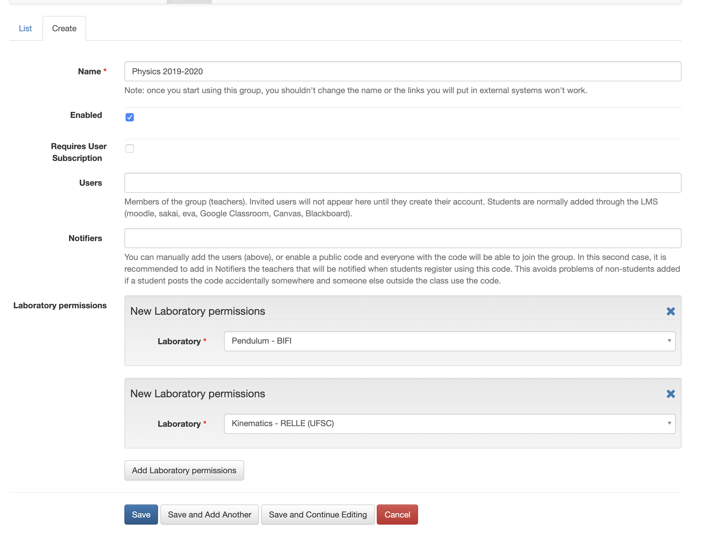 Figure 4. Creating a new group for a course.