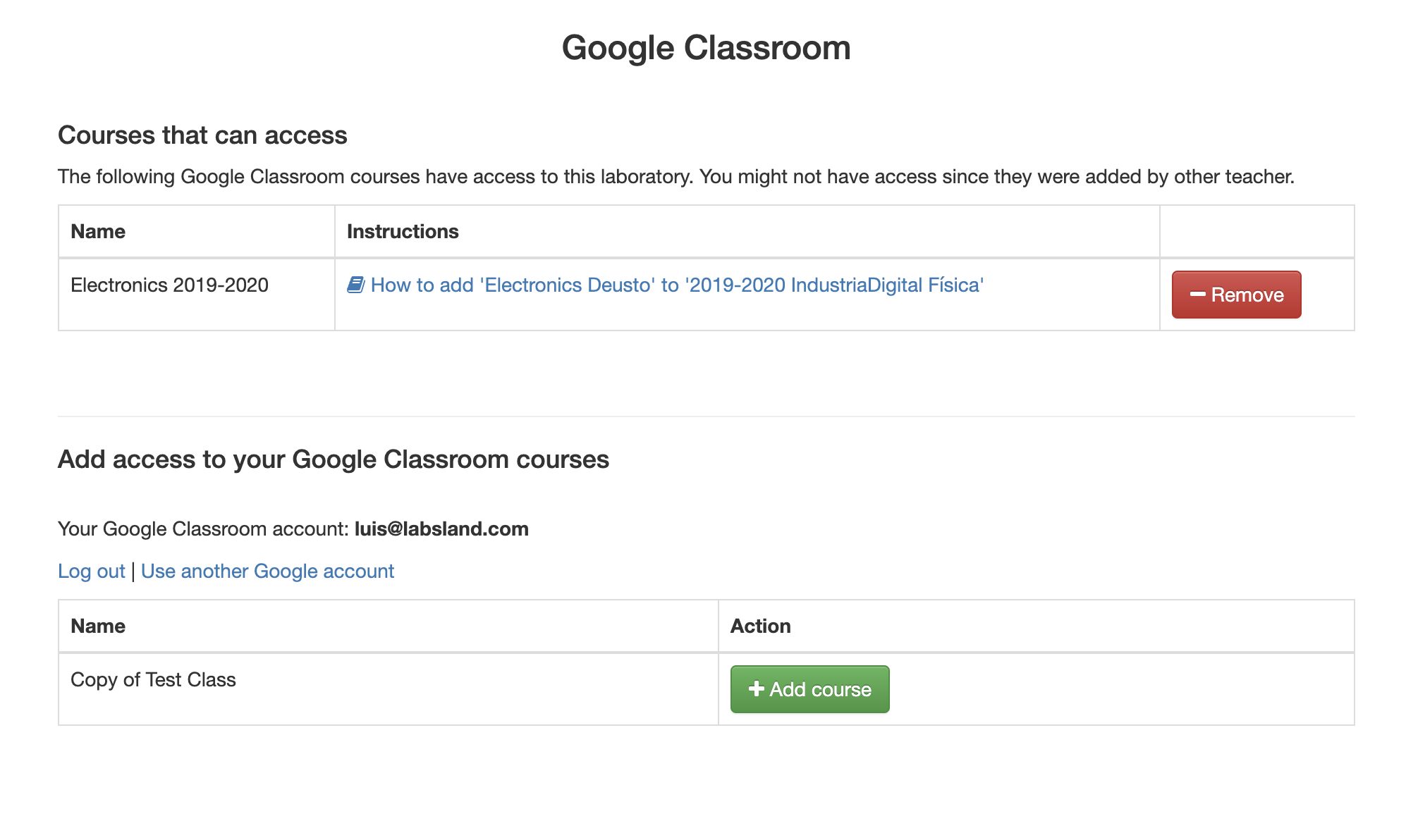 Figure 6. The interface to create Google Classroom links to the labs.