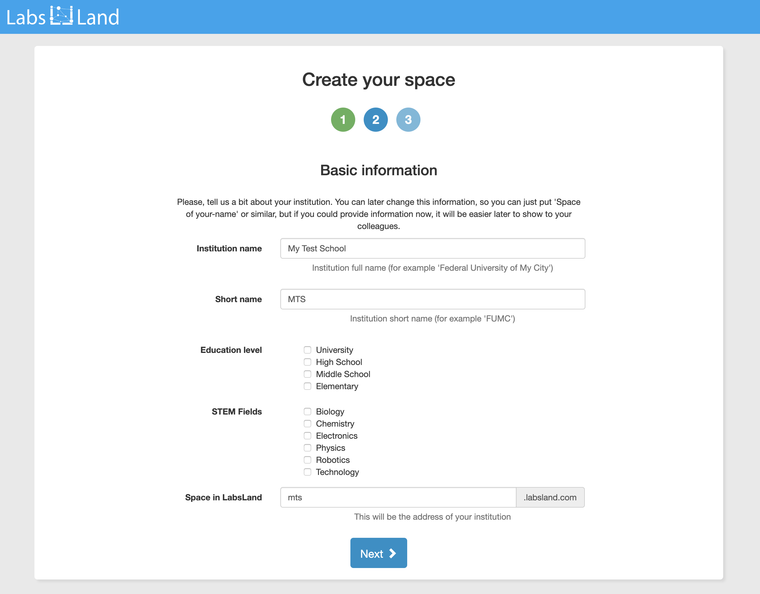 Figure 1. The LabsLand space creation screen.