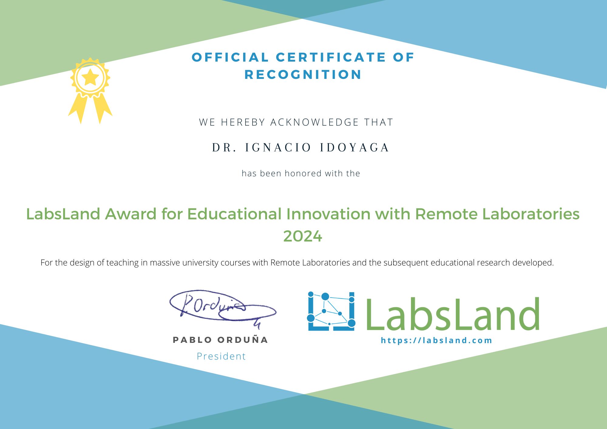 You are currently viewing Dr. Ignacio Idoyaga Receives the 2024 LabsLand Award for Educational Innovation with Remote Laboratories