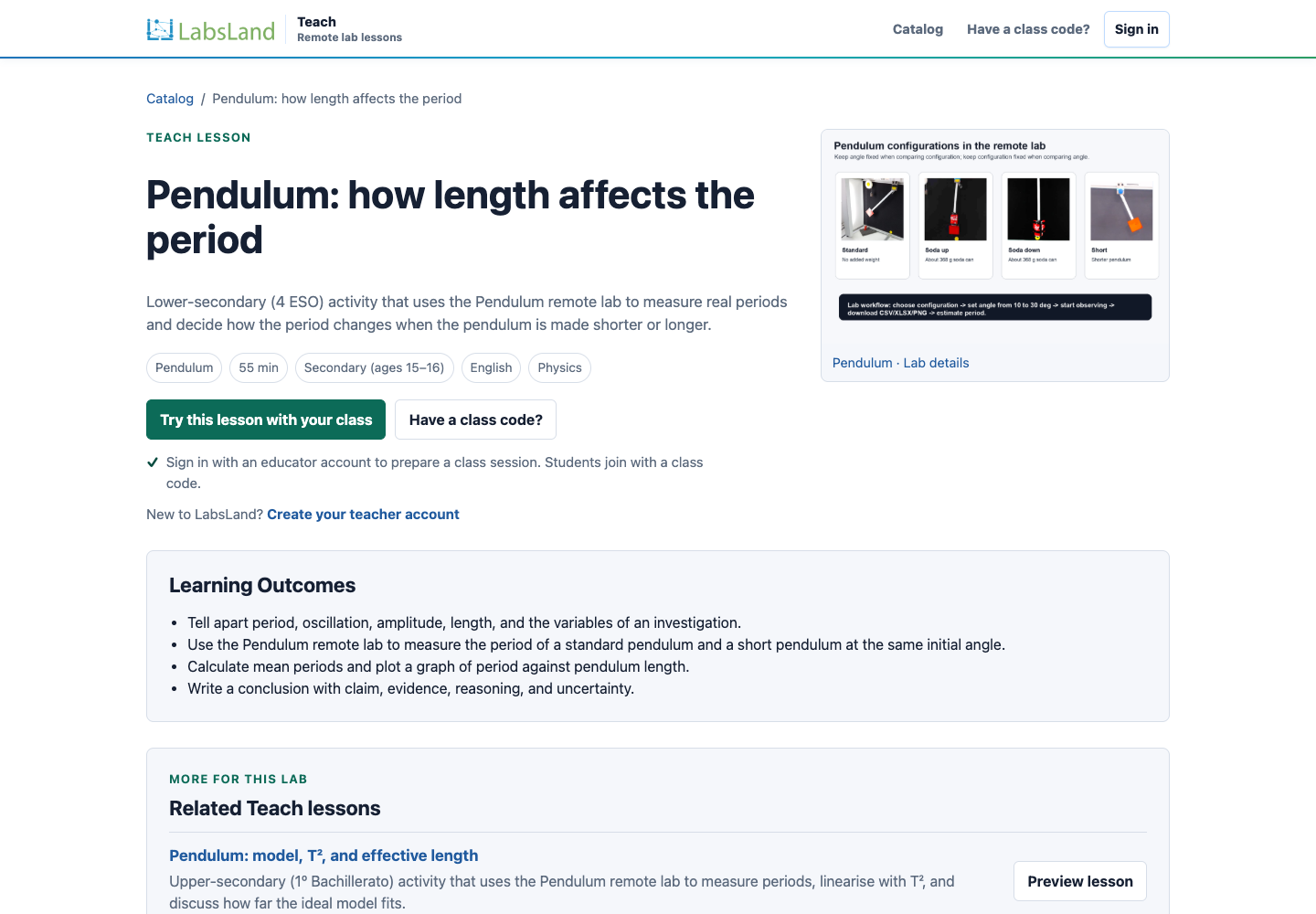 Real public view of Pendulum: how length affects the period, with its duration, level, learning outcomes and teacher access.