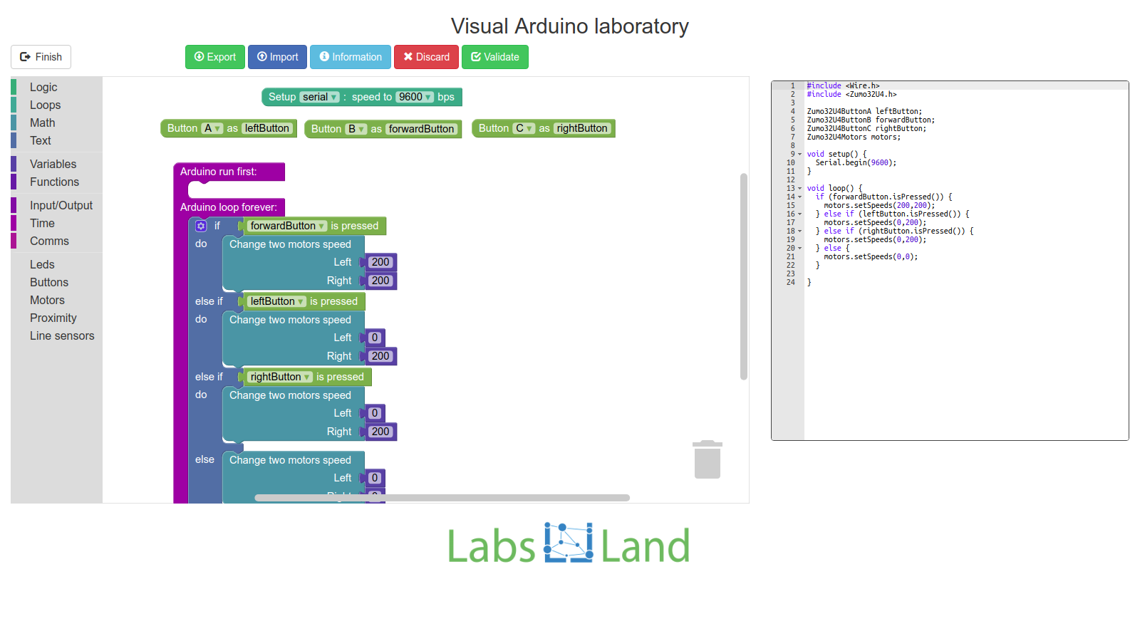 Visual Arduino programming with Blockly blocks and the generated Arduino code.