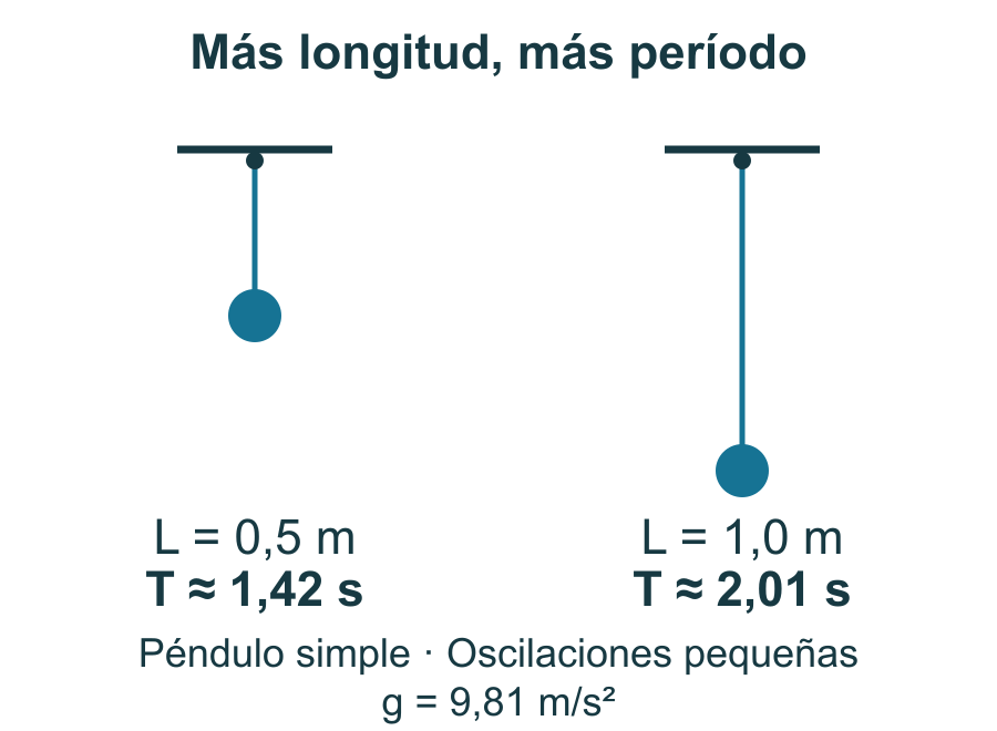 Para oscilaciones pequeñas, un péndulo de 0,5 metros tiene un período aproximado de 1,42 segundos; uno de 1 metro, de 2,01 segundos.