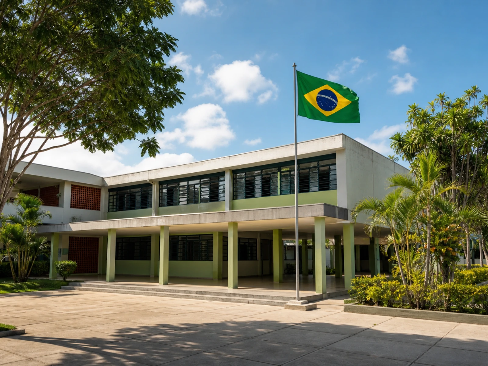 Exterior ilustrativo de uma escola brasileira, com a bandeira nacional ao lado da entrada