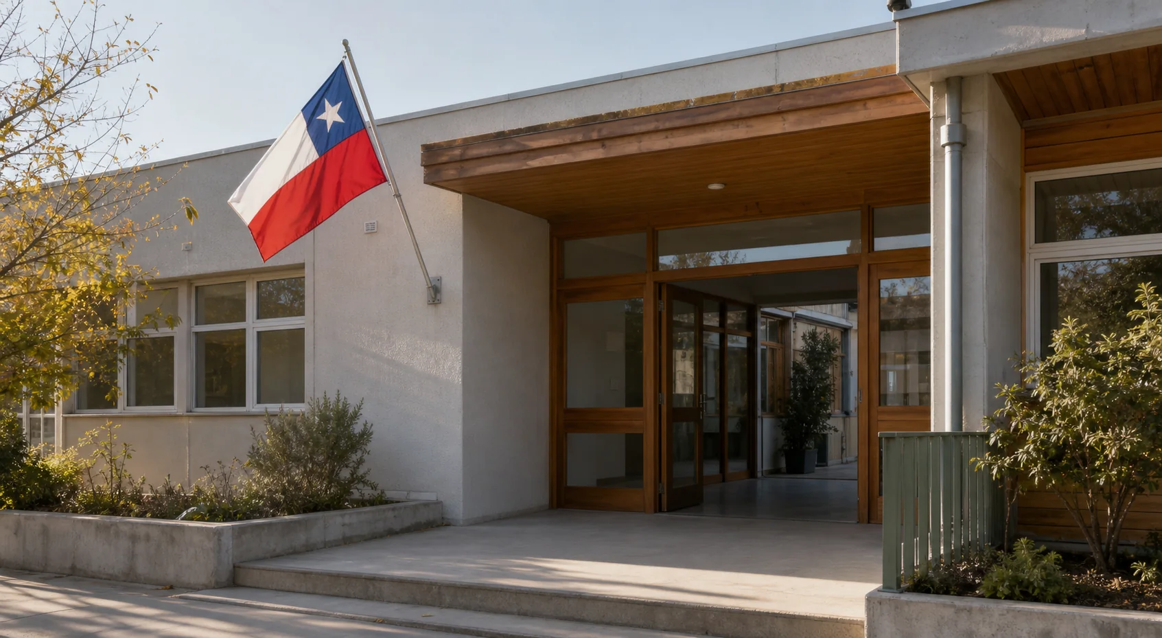 Entrada de un colegio con la bandera de Chile
