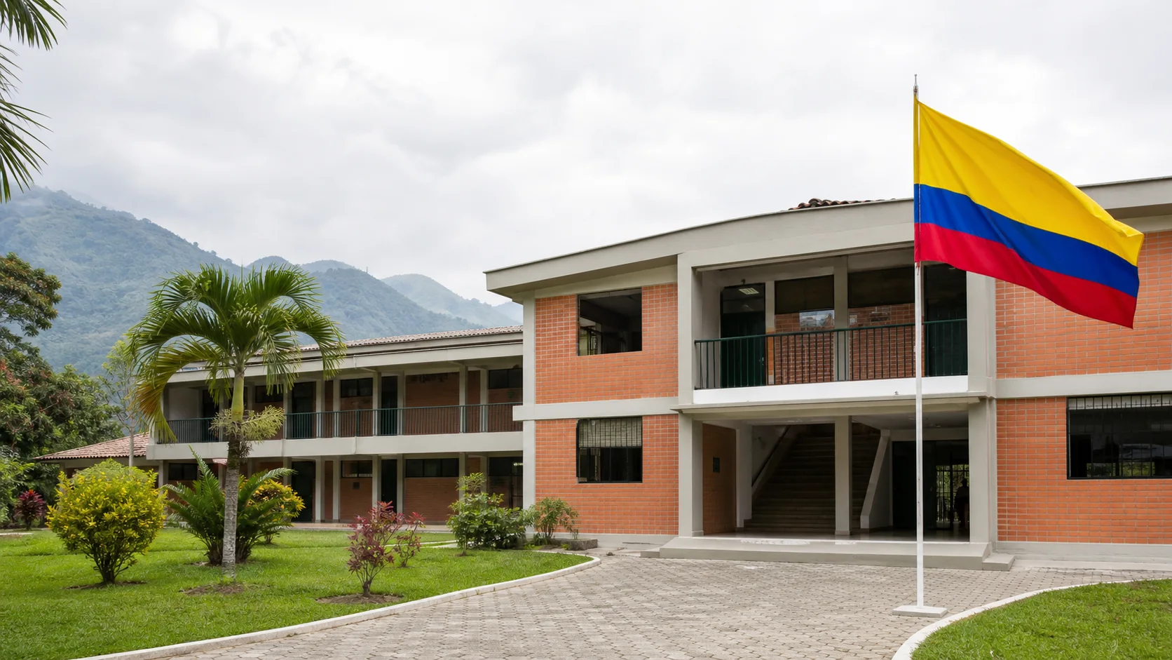 Exterior ilustrativo de un colegio colombiano con la bandera nacional visible junto a la entrada