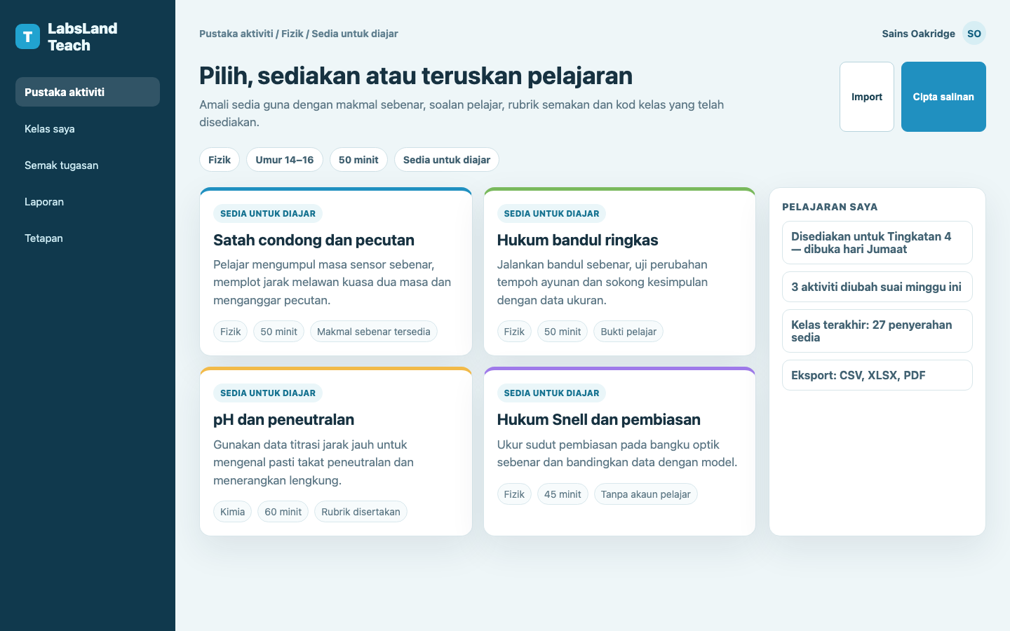 Pustaka pelajaran LabsLand Teach yang tersedia dalam Bahasa Melayu