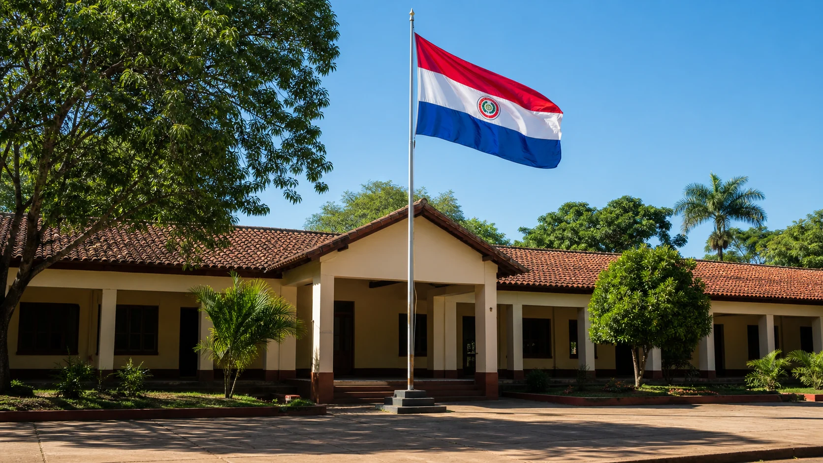 Exterior de un colegio de arquitectura paraguaya con la bandera nacional visible junto a la entrada