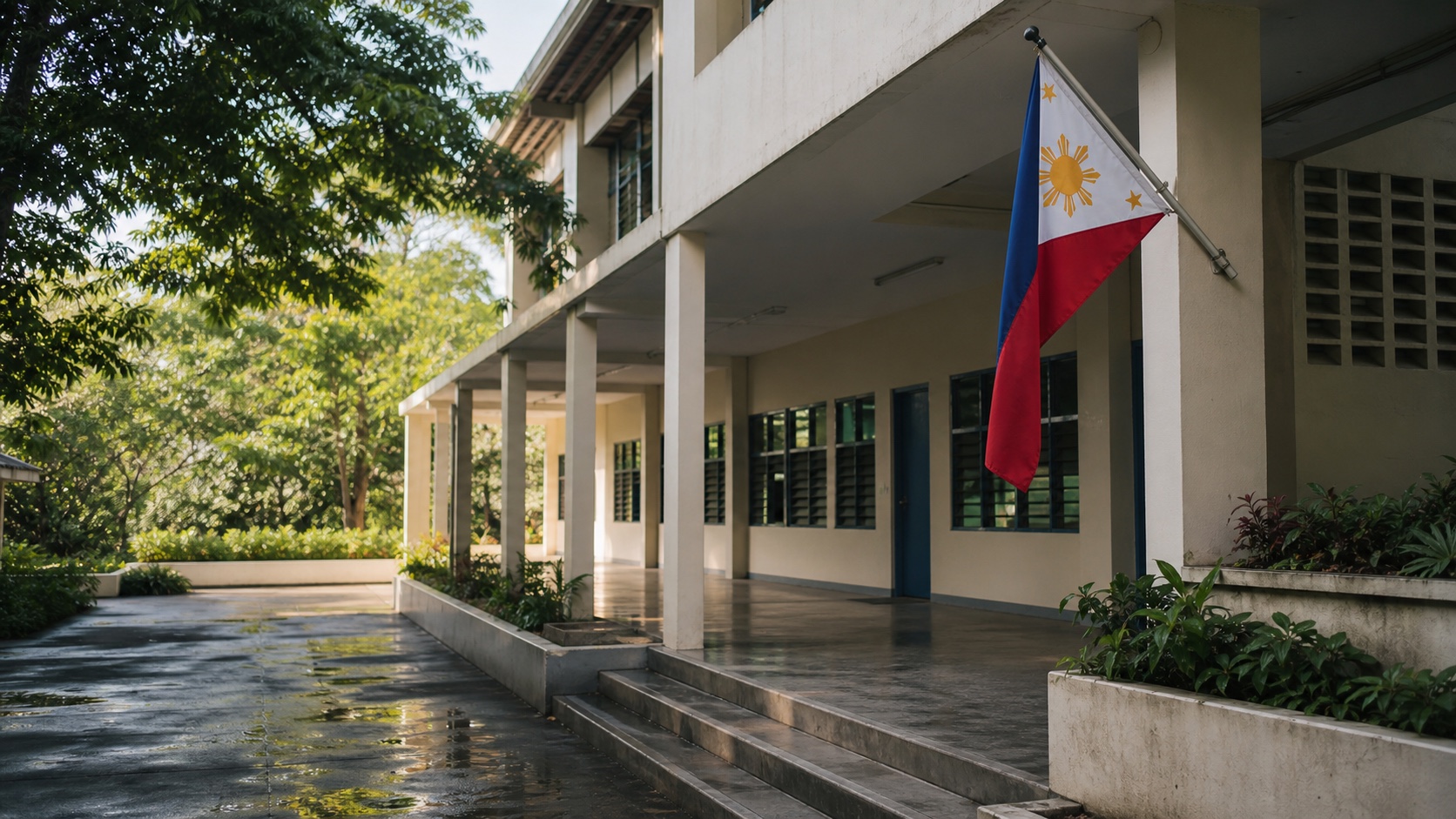 Entrance to a school building displaying the Philippine flag