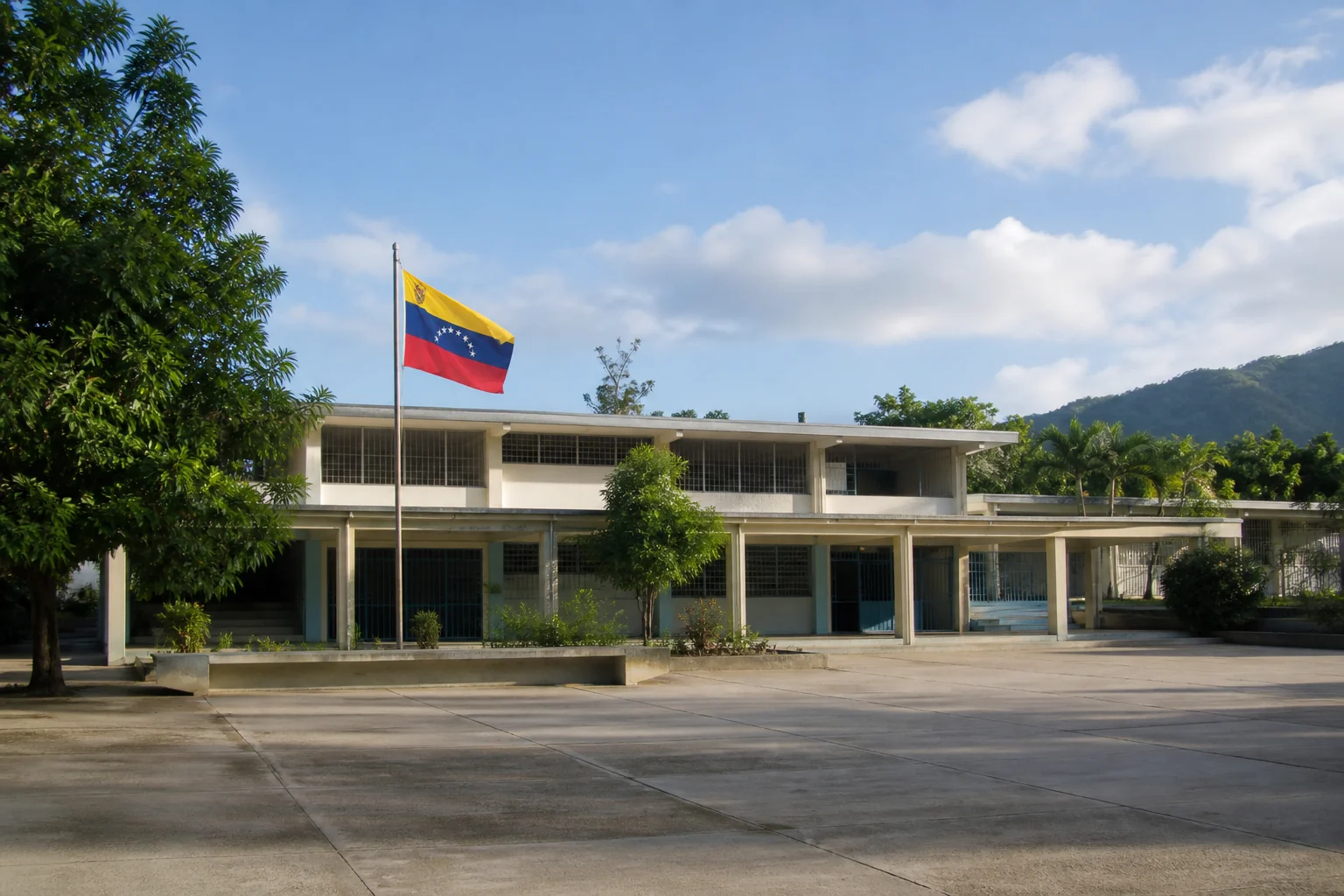 Exterior ilustrativo de un plantel venezolano con la bandera nacional visible junto al edificio